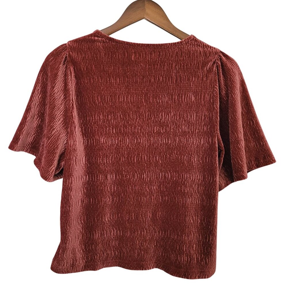 Madewell Texture & Thread Crinkle Velvet Flutter Sleeve Blouse Top XS Burgundy - Picture 2 of 5
